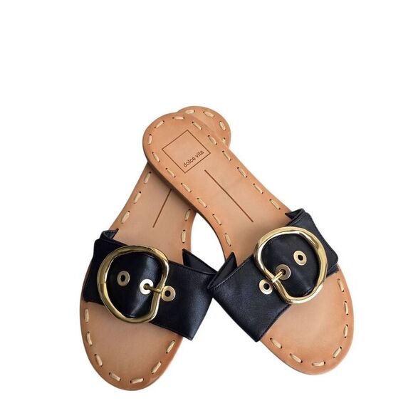 Dolce Vita Danna Slide Sandal Size 7 Black Rich Leather Open Toe Buckle Detail - Picture 4 of 8